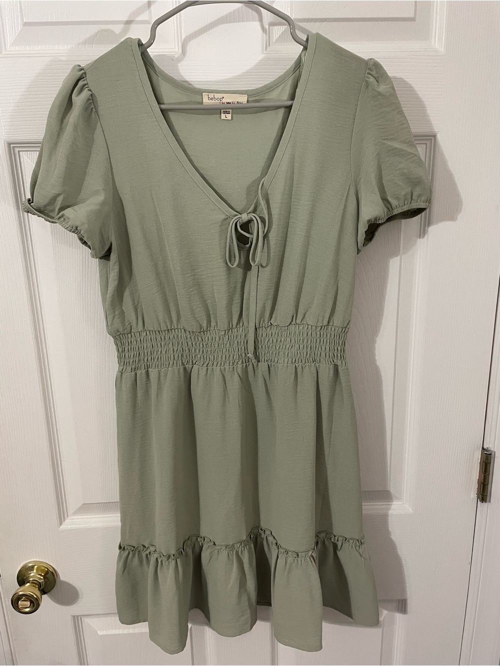 BeBop Sage Green Mini Dress with Tie Neck